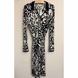 Talbots‎ Womens Black White Floral Long Sleeve Rayon Wrap Shirt Dress Size 4